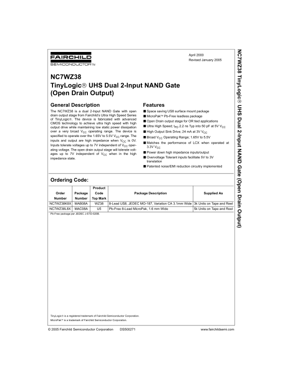 Fairchild NC7WZ38 TinyLogic UHS Dual 2-Input NAND Gate Data Manual - Page 1