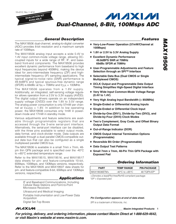 MAXIM MAX19506 Dual-Channel, 8-Bit, 100Msps ADC Owner's Manual & User Guide - Page 1