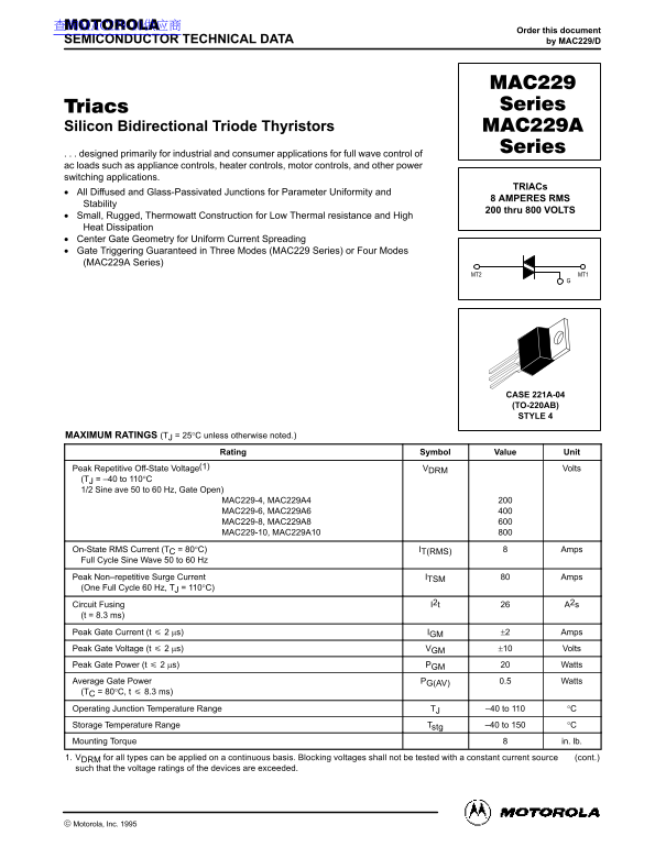 Motorola MAC229 Series MAC229A Series Data Sheet User Guide - Page 1