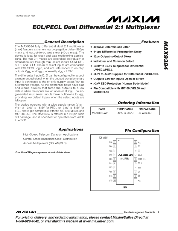 MAXIM MAX9384 ECL/PECL Dual Differential 2-1 Multiplexer Data Sheet/Manual - Page 1