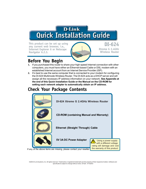 D-Link DI-624 Quick Installation Guide - Page 1