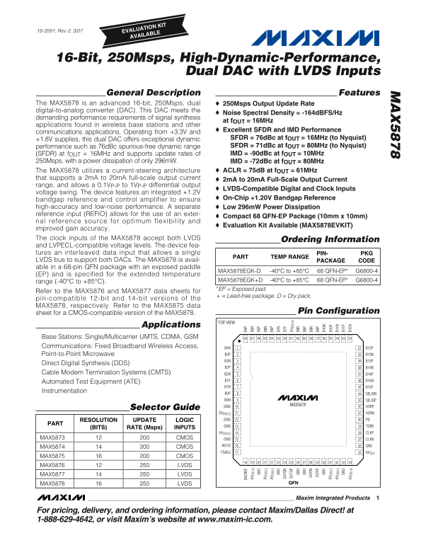 MAXIM MAX5878 16-Bit, 250Msps, High-Dynamic-Performance, Dual DAC with LVDS Inputs Data Sheet User Manual - Page 1