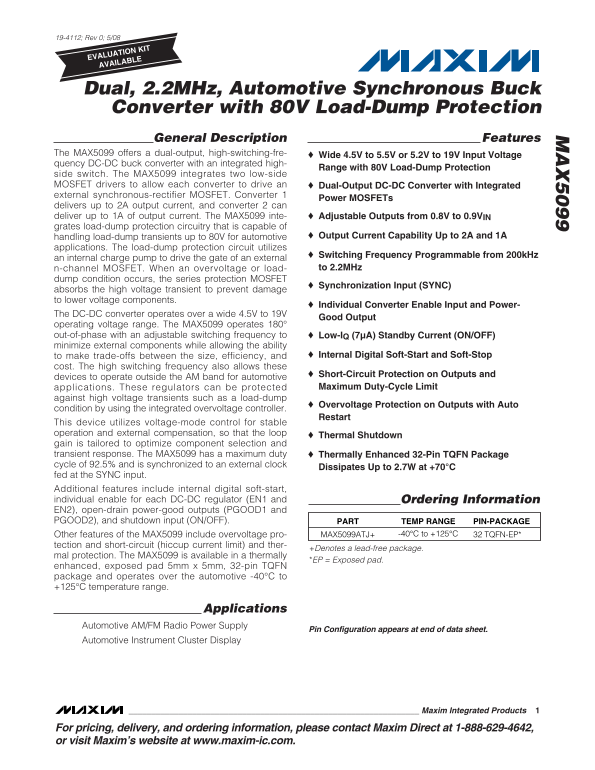 MAXIM MAX5099 Dual, 2.2MHz, Automotive Synchronous Buck Converter with 80V Load-Dump Protection - Page 1
