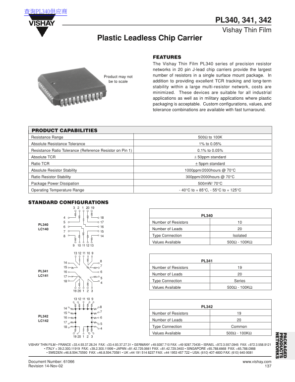 VISHAY PL340, 341, 342 Vishay Thin Film Plastic Leadless Chip Carrier Owner's Manual - User Guide - Page 1
