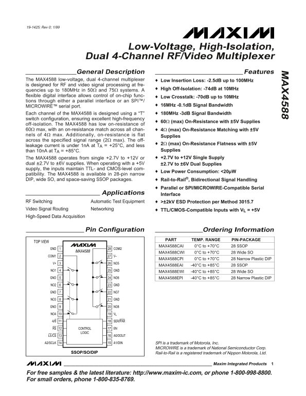 MAXIM MAX4588 Low- Voltage, High-Isolation, Dual 4-Channel RF Video Multiplexer - Page 1
