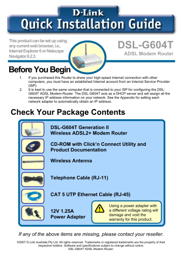 D-Link DSL- G604T Quick Installation Guide - Page 1