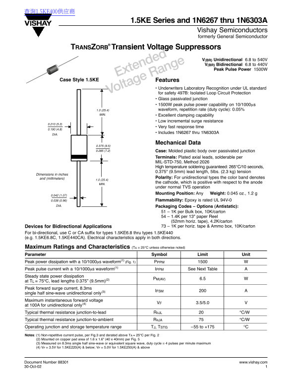 Vishay Semiconductors 1.5KE Series and 1N6267 thru 1N6303A Owner's Manual and User Guide - Page 1