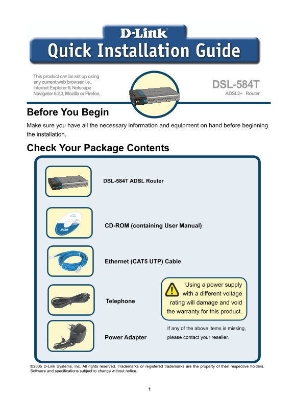 D-Link DSL-584T Quick Installation Guide - Page 1