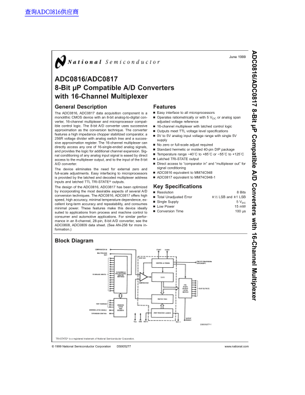 National Semiconductor ADC0816 ADC0817 8-Bit µP Compatible AD Converters with 16-Channel Multiplexer - Page 1