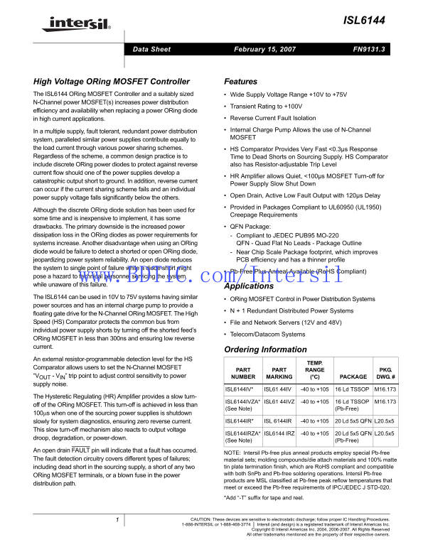 Intel Intersil ISL6144 Five-Voltage Monitor Specifications Manual - Page 1