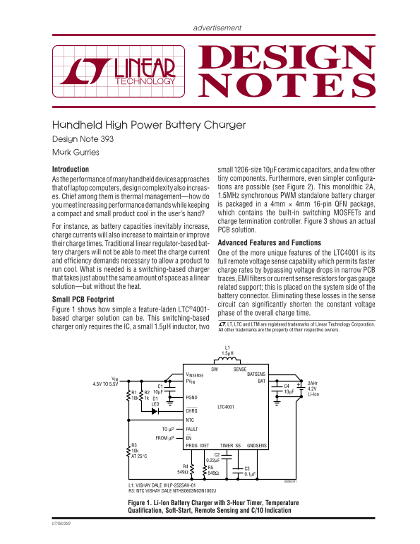 LINEAR Handheld High Power Battery Charger Design Note 393 Owner's Manual - Page 1