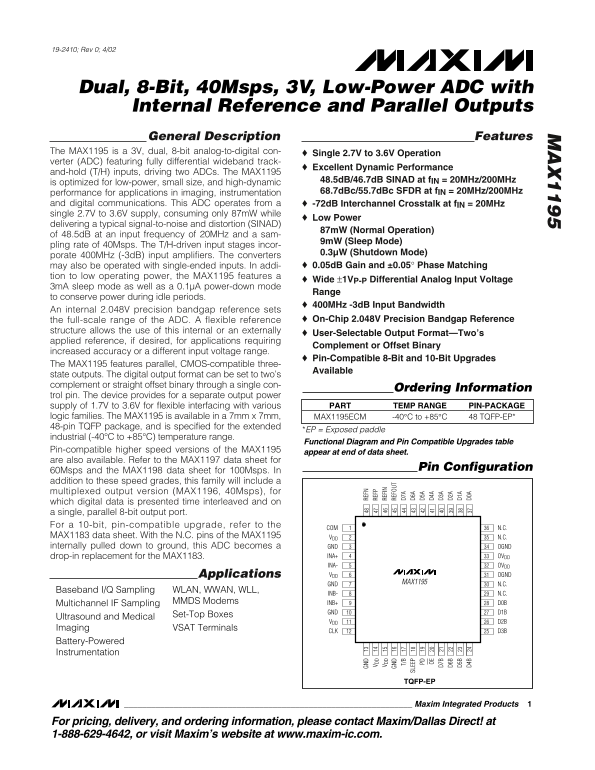 MAXIM MAX1195 Dual, 8-Bit, 40Msps, 3V, Low-Power ADC with Internal Reference and Parallel Outputs - Page 1