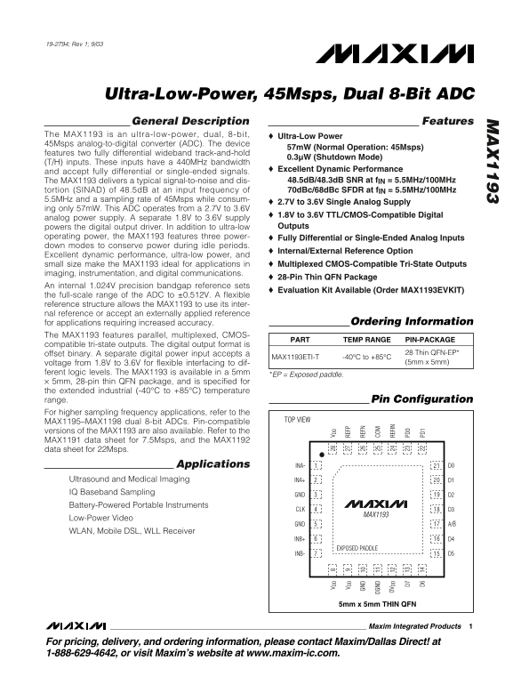 MAXIM MAX1193 Ultra-Low-Power, 45Msps, Dual 8-Bit ADC Data Sheet - Page 1