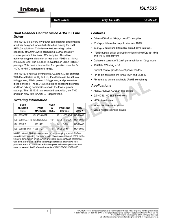 Intel.Intersil ISL1535 Specifications - Page 1
