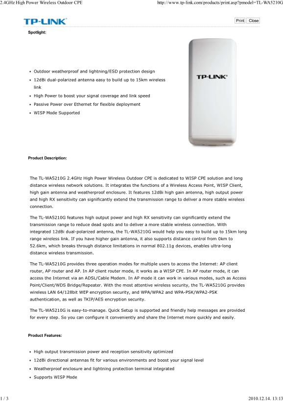 TP-Link TL-WA5210G 2.4GHz High Power Wireless Outdoor CPE Owner's Manual, User Guide - Page 1