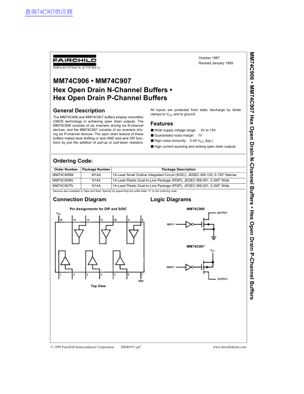 Fairchild MM74C906 3669 Hex Open Drain N-Channel Buffers, MM74C907 3660 Hex Open Drain P-Channel Buffers Data Manual - Page 1