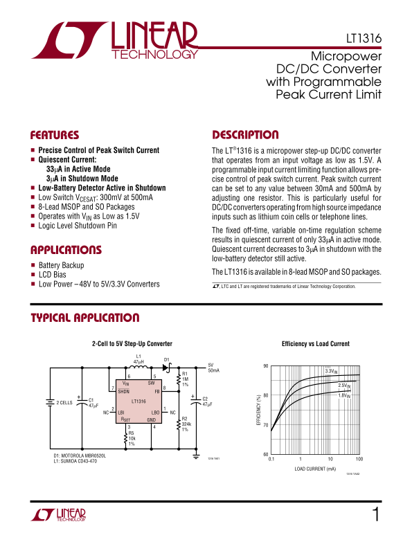LINEAR TECHNOLOGY LT1316 Micropower DC DC Converter with Programmable Peak Current Limit - Page 1
