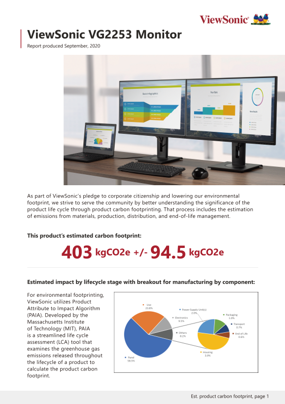 ViewSonic VG2253 Commercial Series Monitor User Guide Carbon Footprint Report - Page 1