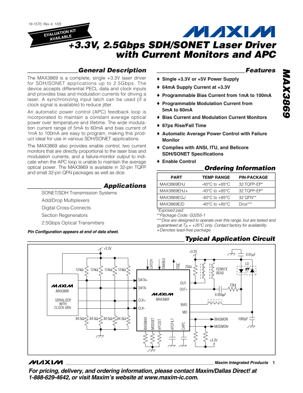 MAXIM MAX3869 +3.3V, 2.5Gbps SDH SONET Laser Driver with Current Monitors and APC User Manual - Page 1