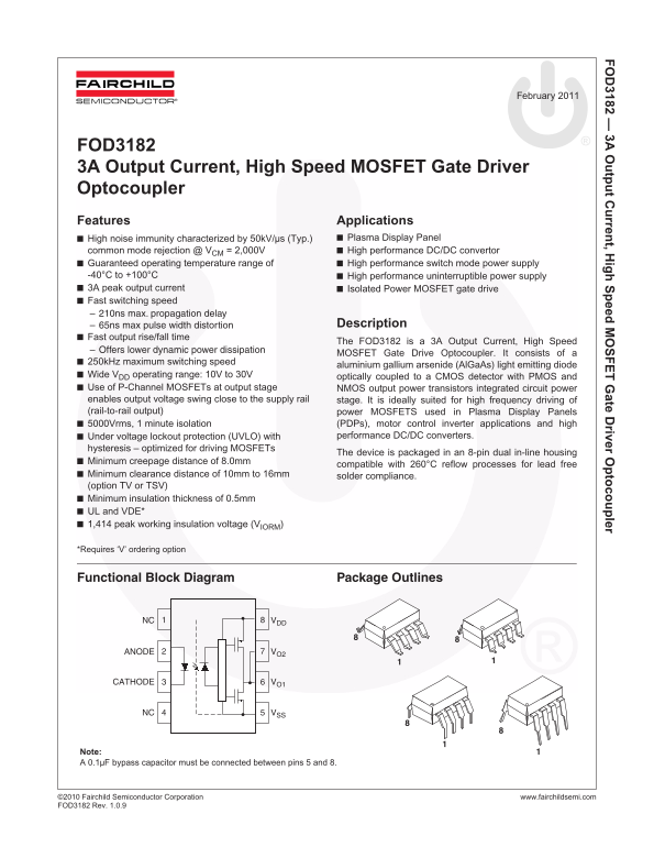 FAIRCHILD FOD3182 3A Output Current, High Speed MOSFET Gate Driver Optocoupler User Manual - Page 1