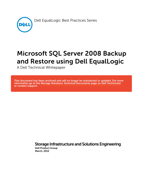 Dell Microsoft SQL Server 2008 Backup and Restore Guide using Dell EqualLogic - Page 1