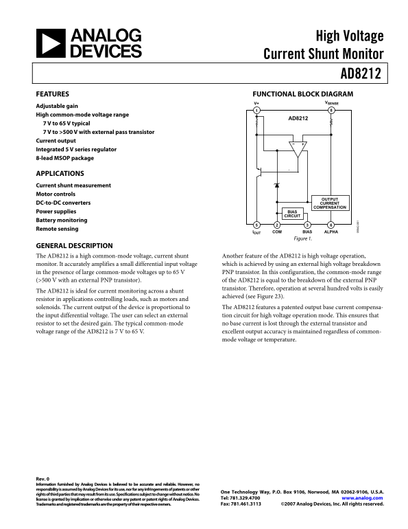 AD8212 High Voltage Current Shunt Monitor AD8212 Specification Sheet User Guide - Page 1