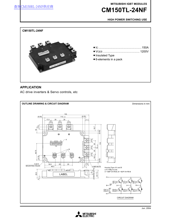 MITSUBISHI IGBT MODULES CM150TL-24NF HIGH POWER SWITCHING USE Manual, User Guide - Page 1