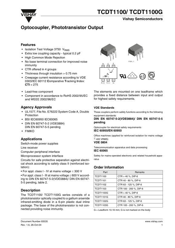 Vishay TCDT1100 TCDT1100G Handbook - Page 1