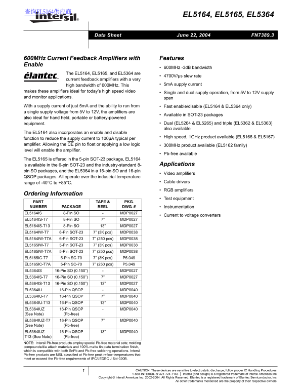 Intel Intersil EL5164, EL5165, EL5364 Data Handbook - Page 1