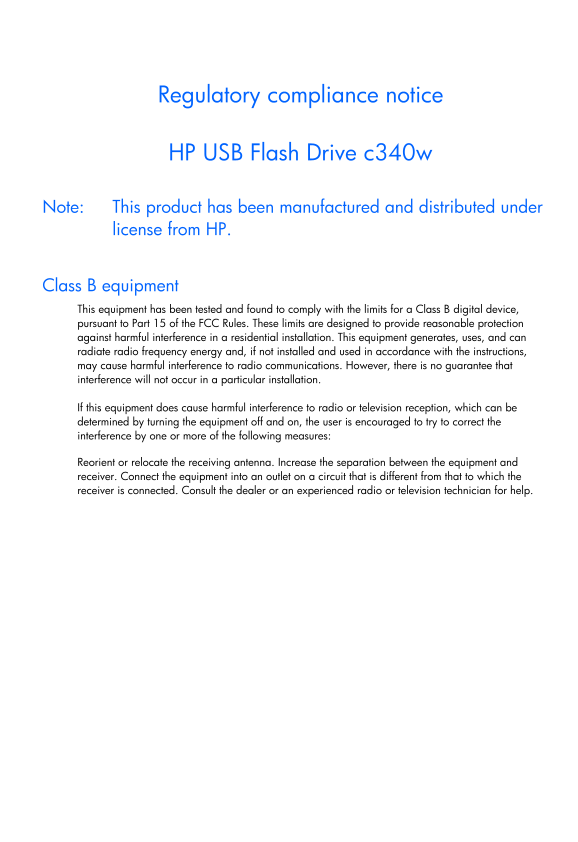 HP c340w USB Flash Drive - Regulatory Statement DoC - Page 1