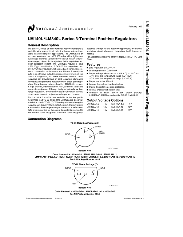 National Semiconductor LM140L LM340L Series 3- Terminal Positive Regulators Data Sheet User's Guide - Page 1