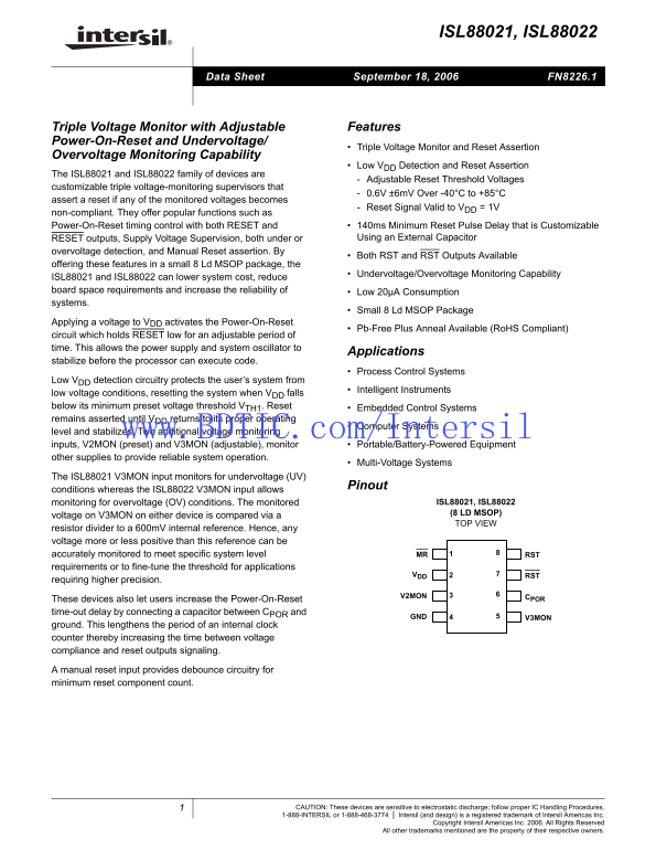 Intel Intersil ISL88021 ISL88022 Five-Voltage Monitor Specifications Manual - Page 1