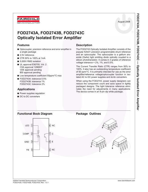 Fairchild FOD2743A FOD2743B FOD2743C Optical Isolation Error Amplifier Manual - Page 1