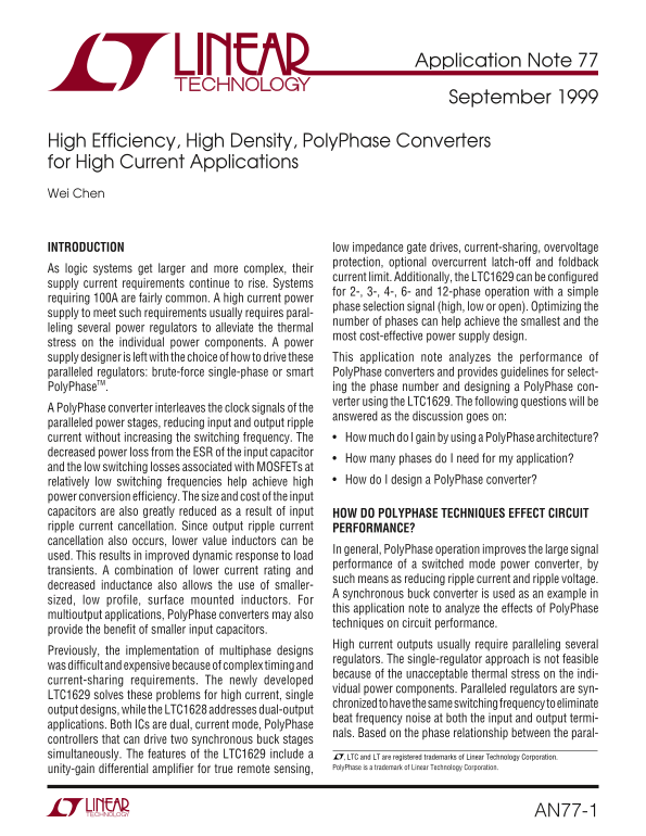 LINEAR High Efficiency, High Density, PolyPhase Converters for High Current Applications AN77 Data Sheet User Manual - Page 1