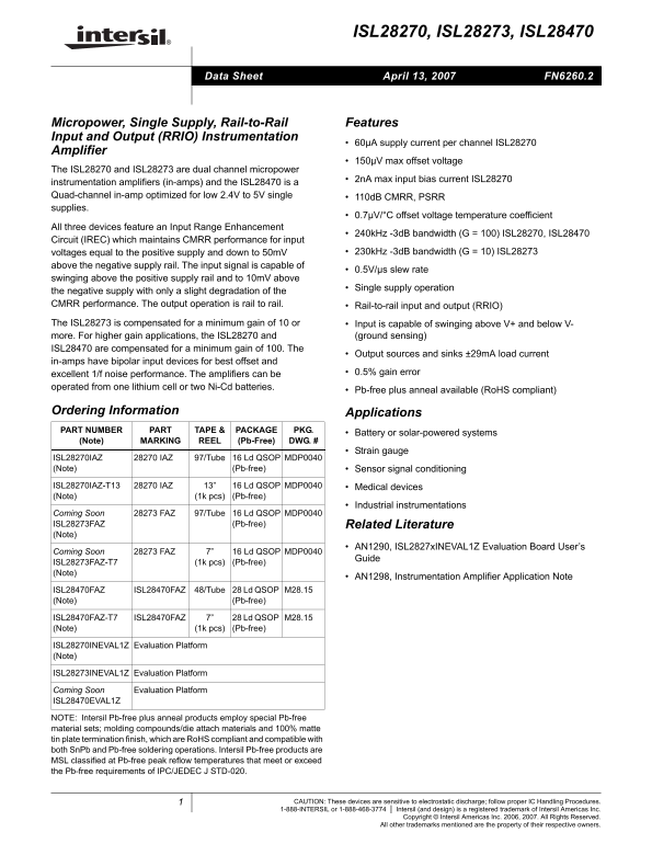 Intel INTERSIL ISL28270 ISL28273 ISL28470 User Manual - Page 1
