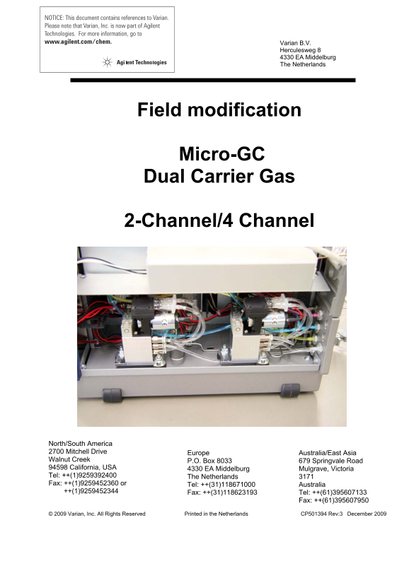 Agilent Field Modification Micro-GC Dual Carrier Gas 2-Channel 4 Channel User Manual and Specifications - Page 1