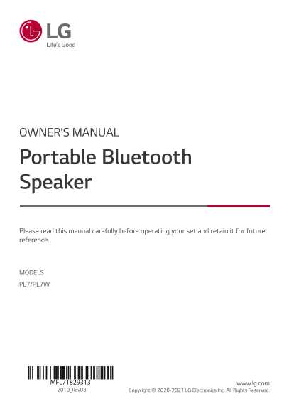 LG Headphones & Speakers - Other PL7.DARELLK Product User Manual English - Page 1