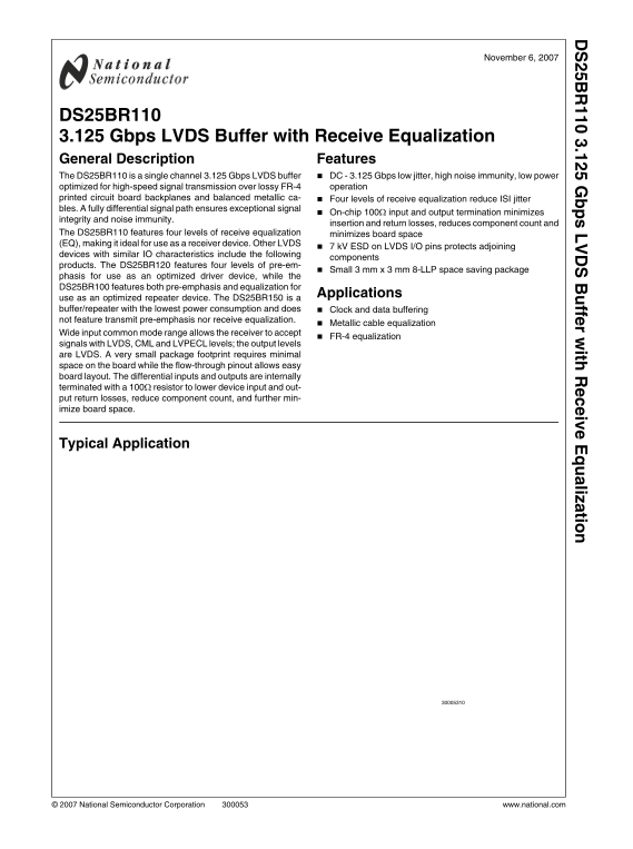 NATIONAL SEMICONDUCTOR DS25BR110 3.125 Gbps LVDS Buffer with Receive Equalization - Page 1