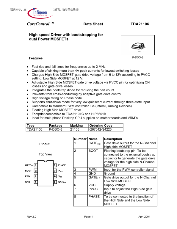 Infineon TDA21106 High Speed Driver with Bootstrapping for Dual Power MOSFETs - Data Sheet - Page 1