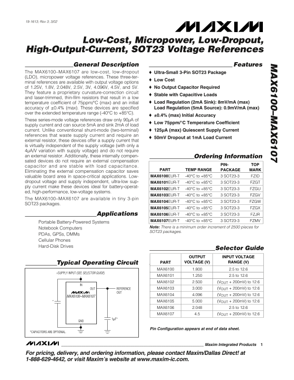 MAXIM MAX6100-MAX6107 Low-Cost, Micropower, Low-Dropout, High-Output-Current, SOT23 Voltage References - Page 1