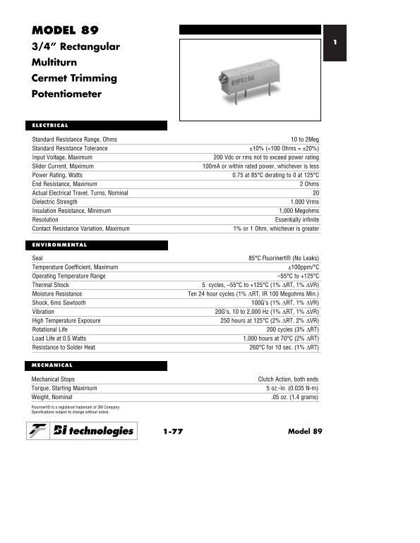BI TECHNOLOGIES TT ELECTRONICS - MODEL 89 3 4" Rectangular Multiturn Cermet Trimming Potentiometer Owner's Manual - Page 1