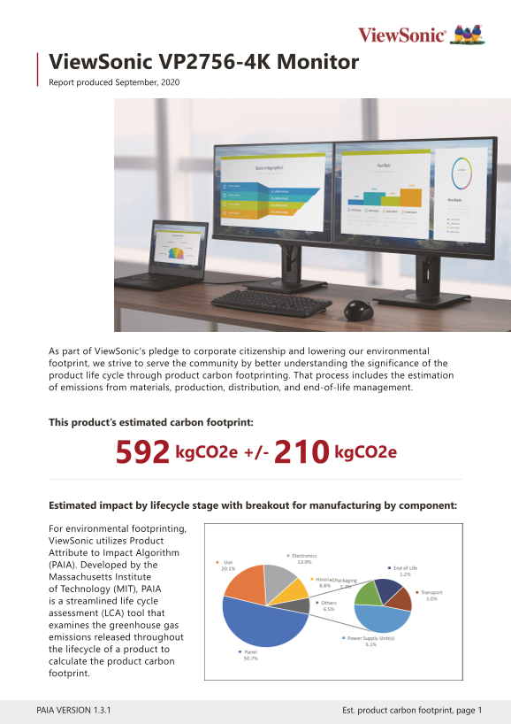 ViewSonic VP2756-4K Photography Series User Guide Carbon Footprint Report - Page 1