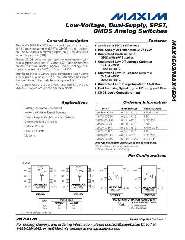 MAXIM MAX4503 MAX4504 Low- Voltage, Dual-Supply, SPST, CMOS Analog Switches Data Sheet User Manual - Page 1