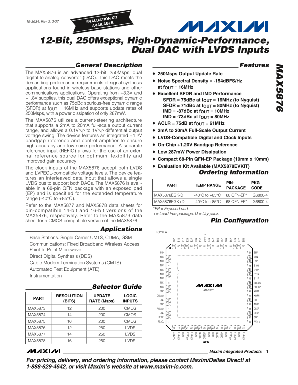 MAXIM MAX5876 12-Bit, 250Msps, High-Dynamic-Performance, Dual DAC with LVDS Inputs Data Sheet User Manual - Page 1