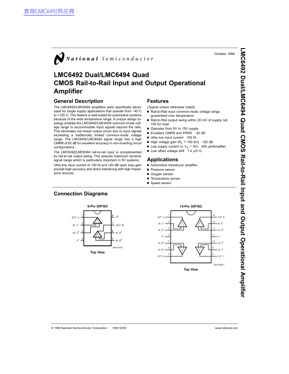 National Semiconductor LMC6492 Dual LMC6494 Quad CMOS Rail-to-Rail Input and Output Operational Amplifier Data Manual - Page 1
