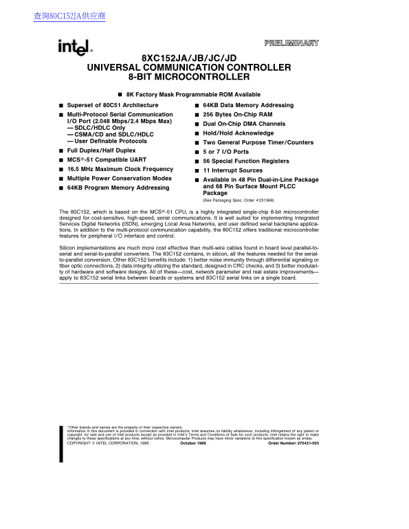 Intel 8XC152JA JB JC JD Specifications Guide - Page 1