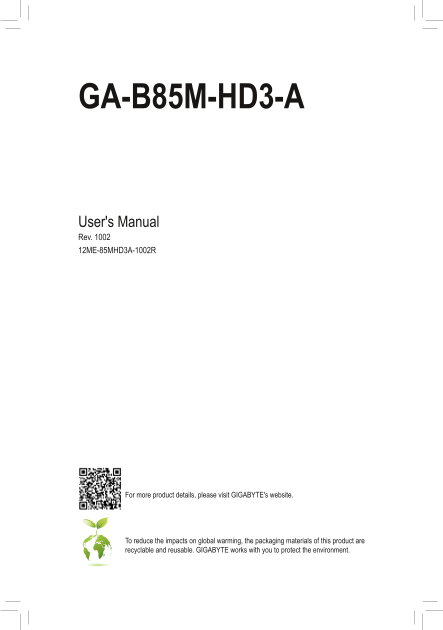 Gigabyte Motherboard GA-B85M-HD3-A (rev.1.0) User Manual - English (version 1002) - Page 1