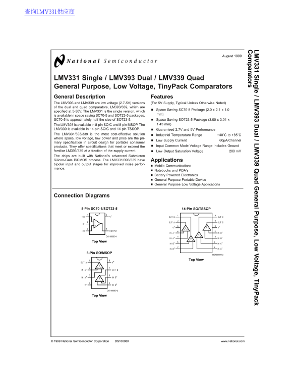 National Semiconductor LMV331 Single LMV393 Dual LMV339 Quad General Purpose, Low Voltage, TinyPack Comparators Data Sheet - Page 1
