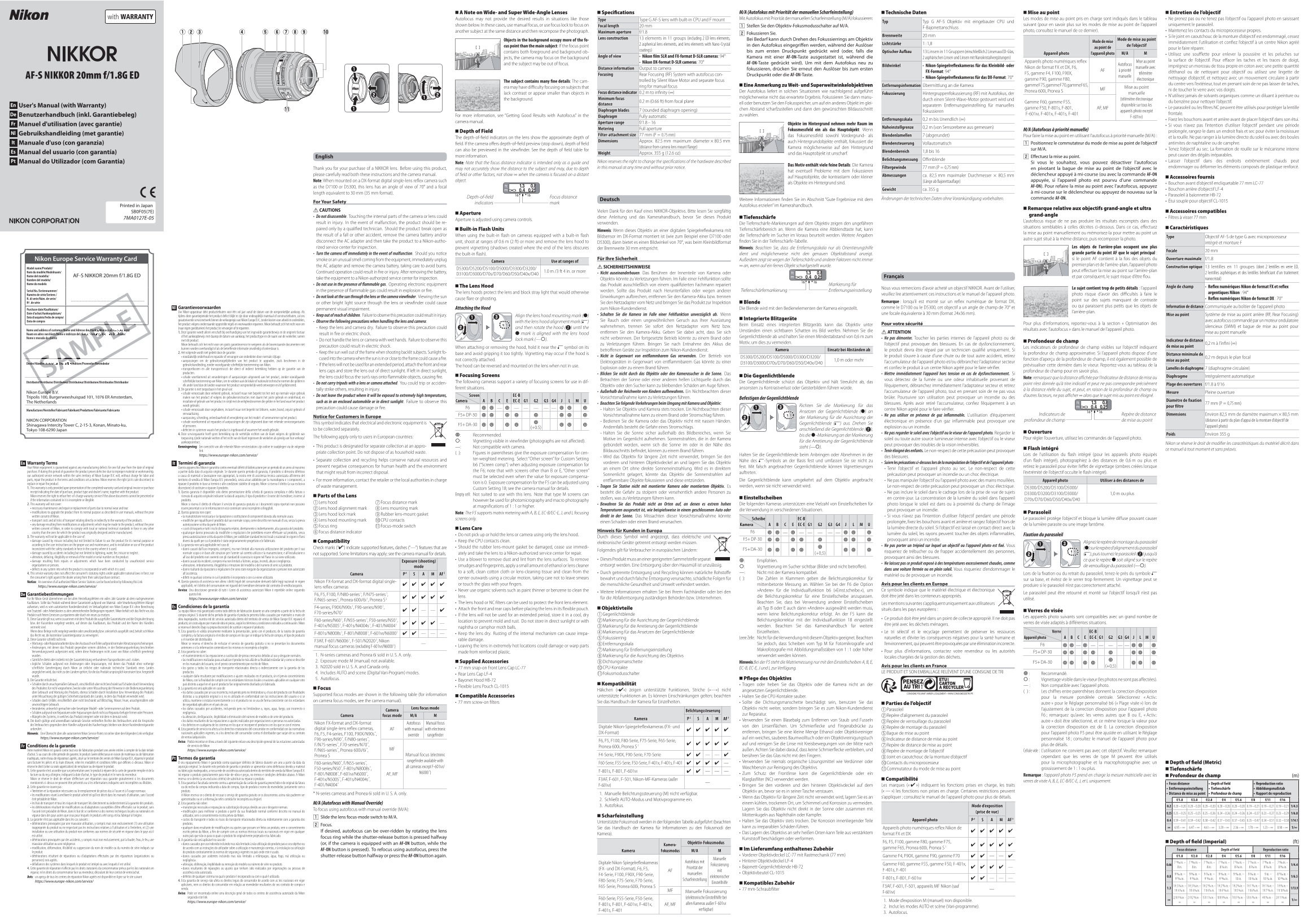 Nikon F Mount Lenses - Wide-Angle Lenses AF-S NIKKOR 20mm f1.8G ED User' s Manual (English, for customers in Europe) - Page 1