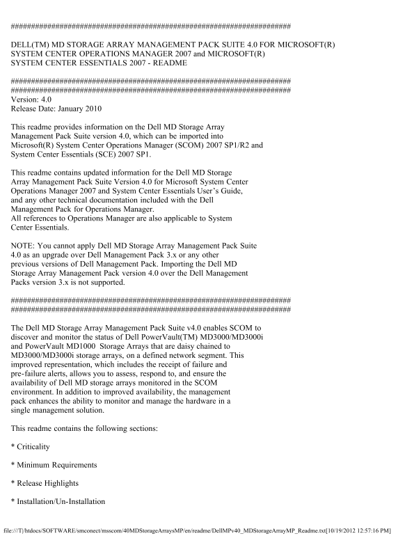 Dell PowerVault MD Storage Arrays Management Pack Suite Version 4.0 For Microsoft System Center Operations Manager 2007 and System Center Essentials 2007 - Readme - Page 1